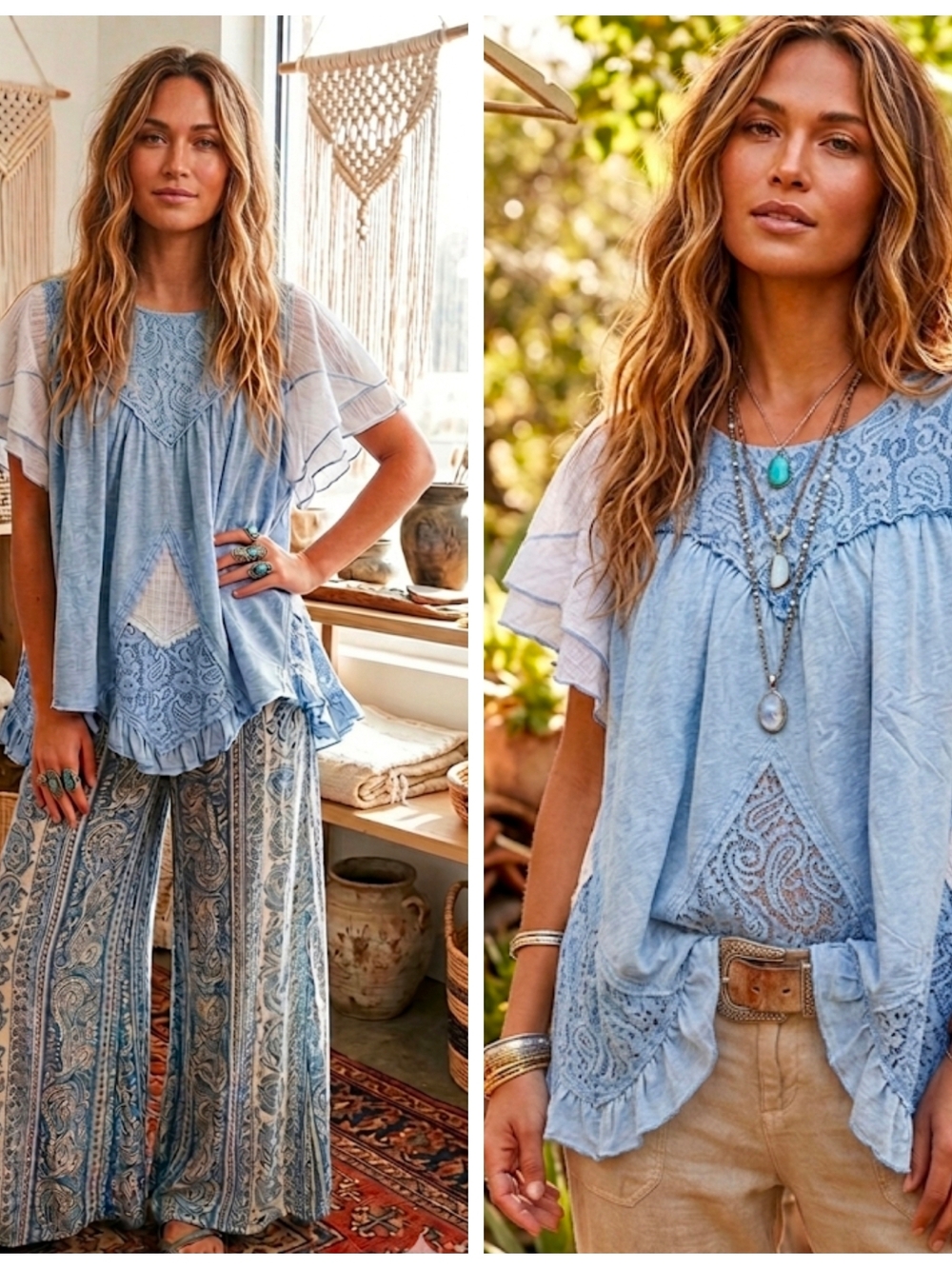 Oli & Hali Light Blue Mineral Wash  Lace-Inset Flutter Sleeve Tunic